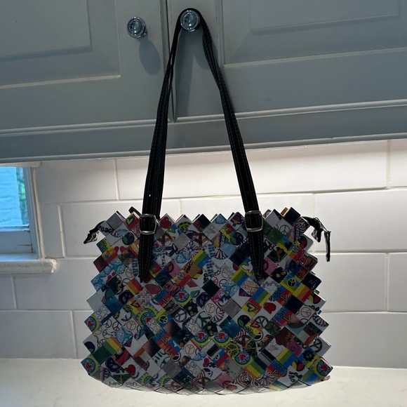 Nahui Ollin Colorful candy wrapper Woven Tote with Brown Handles - Picture 4 of 13